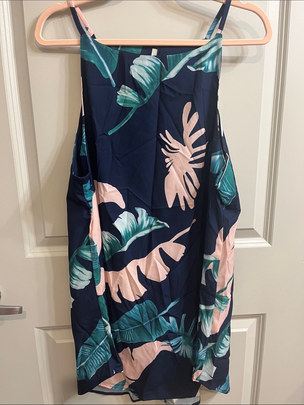 Navy Tropical Print One-Piece Dress with Pink & Teal Leaves